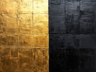 striking abstract artwork featuring bold contrast between gold and black textures, evoking sense of luxury and sophistication. interplay of colors creates captivating visual experience