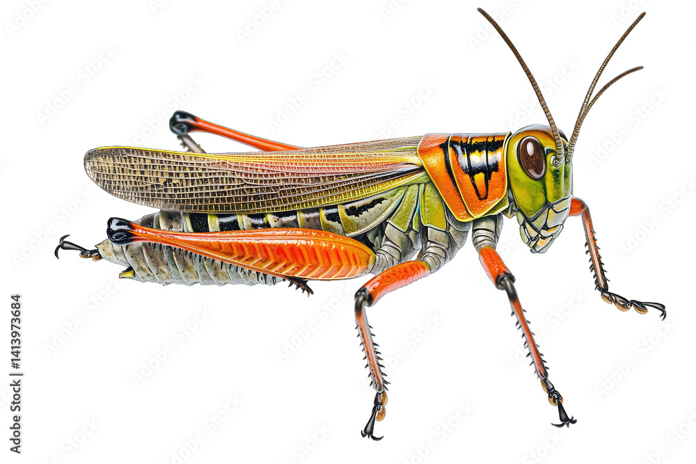 Poster a colorful grasshopper showcasing its vibrant patterns and textures emphasizing the beauty of insect