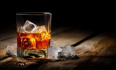 Amber Whiskey on Ice: Rustic Dark Photography