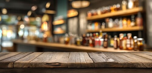 Rustic Wooden Tabletop: Blurry Bar Background, Warm Ambiance