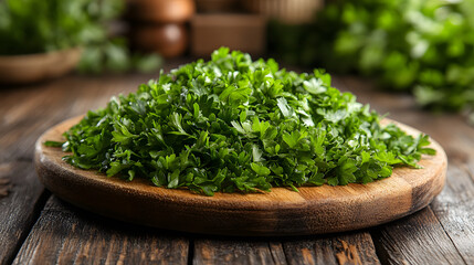 Freshly Chopped Parsley on a Wooden Cutting Board in Rustic Kitchen Setting