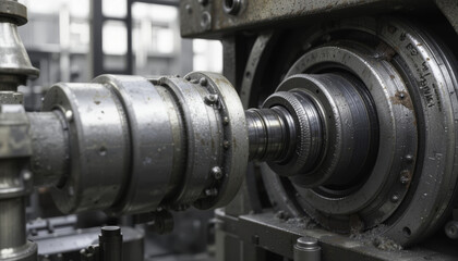 close up view of industrial machine part, showcasing intricate metal components and gears, highlighting precision engineering and mechanical complexity involved