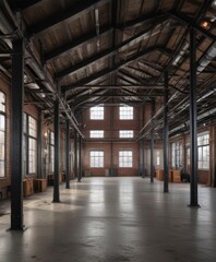 Naklejka premium Industrial loft space, high ceilings, exposed metal beams and ductwork , building, background