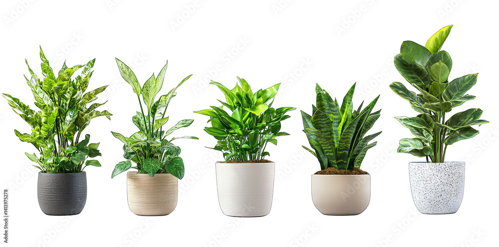 Poster five decorative potted plants arranged in a row showcasing various green foliage and pot designs ide