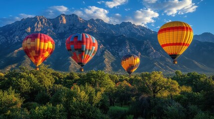 Obraz premium Colorful hot air balloons soar over mountainous landscape.