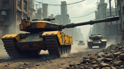 Armored tanks navigating through a war-torn urban landscape.