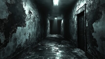 Obraz premium Dim, decaying hallway in an abandoned building.
