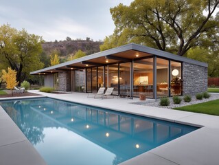 Fototapeta premium Luminous modern dwelling, expansive patio overlooking a pristine pool - luxury view elegant