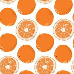 Seamless Vector Pattern of Oranges and Slices on White Background. A repeated vector design displaying whole oranges and their fresh colorful slices against white. Used for vibrant packaging