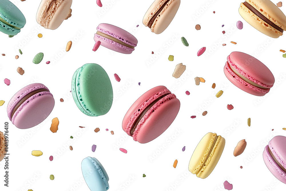 Poster a vibrant assortment of colorful macarons scattered with confetti creating a playful and festive atm