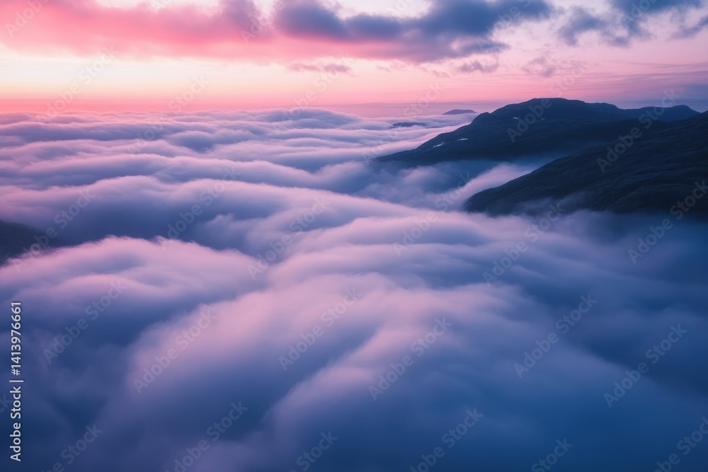 Poster aerial hyper lapse captures clouds flowing softly over mountain ranges at sunrise, aerial hyper laps