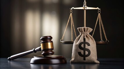 A gavel and scales of justice beside a money bag symbolize legal proceedings and financial matters.