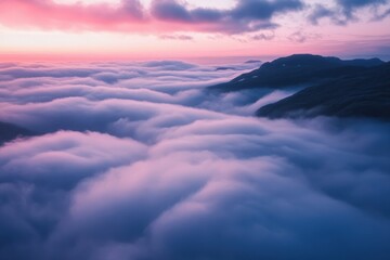 Obraz premium Aerial hyper lapse captures clouds flowing softly over mountain ranges at sunrise, Aerial hyper lapse of of the clouds flowing through a mountain pass in Norway