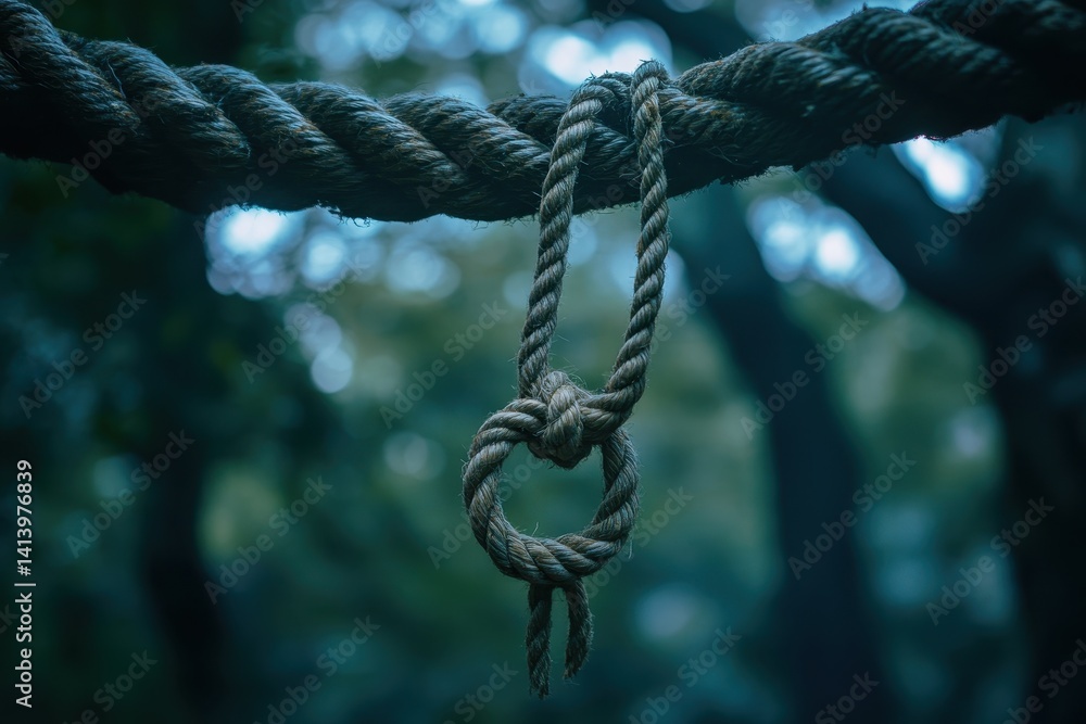 Poster closeup view of a noose knot tied around a robust rope against a blurred natural backdrop, a close-u