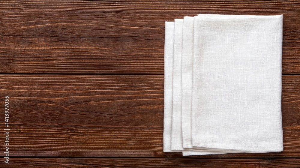 Poster a stack of clean, white linen napkins rests on a rustic wooden surface, creating a simple yet elegan