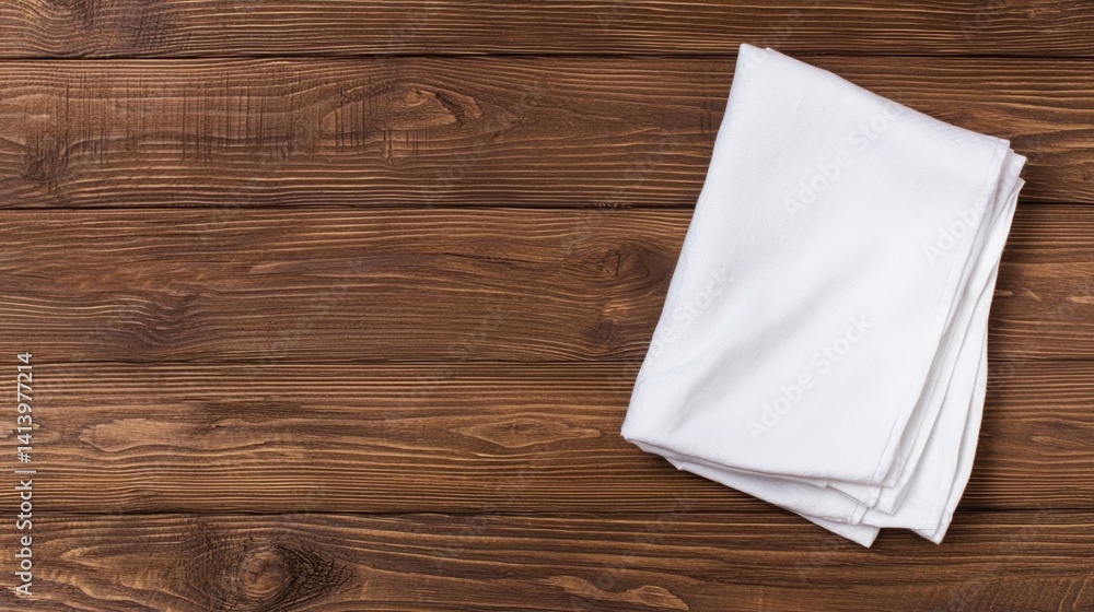 Poster a neatly folded white cloth napkin placed on a rustic wooden table, creating a clean and simple aest