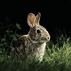 Fototapeta premium Cute fluffy rabbit on green grass outdoors. Space for text
