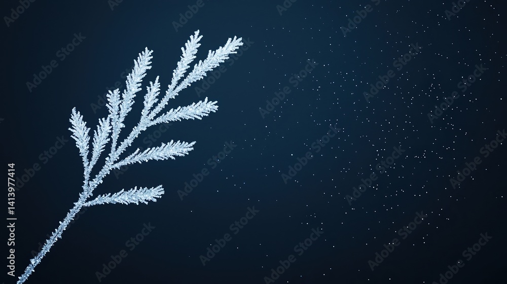 Poster a delicate, frosty branch with sparkling particles against a dark background, creating a serene and 