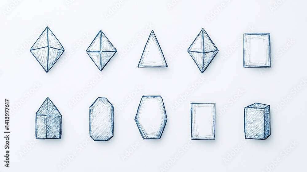 Poster a collection of hand-drawn geometric shapes arranged in a grid, showcasing various polyhedra and pri