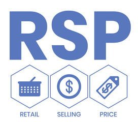 RSP - retail selling price. acronym business concept. vector illustration concept with keywords and icons. lettering illustration with icons for web banner, flyer, landing page, presentation