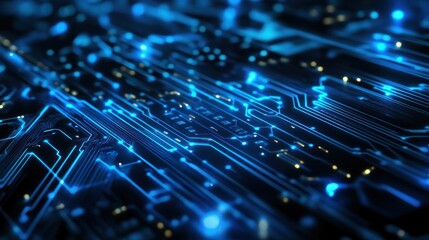 Obraz premium Abstract circuit board, glowing blue and gold lines