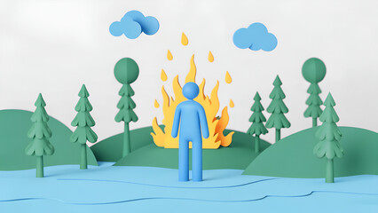 Eco-anxiety environmental stress A paper art scene depicting a blue figure standing near a fire in a green landscape.