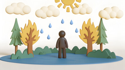 Eco-anxiety environmental stress A figure stands in a whimsical landscape featuring clouds, rain, trees, and a sunny sky.
