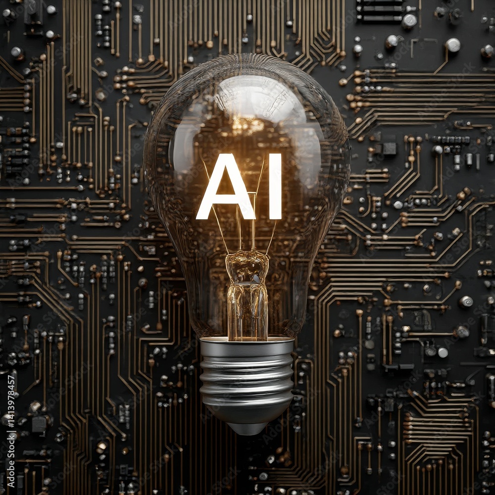 Poster ai abbreviation in light bulb against light background with electronic circuit board pattern. space 