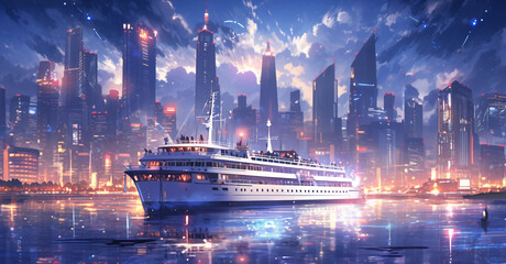 Cityscape cruise ship tour at night with glowing lights and water reflection travel destination photography