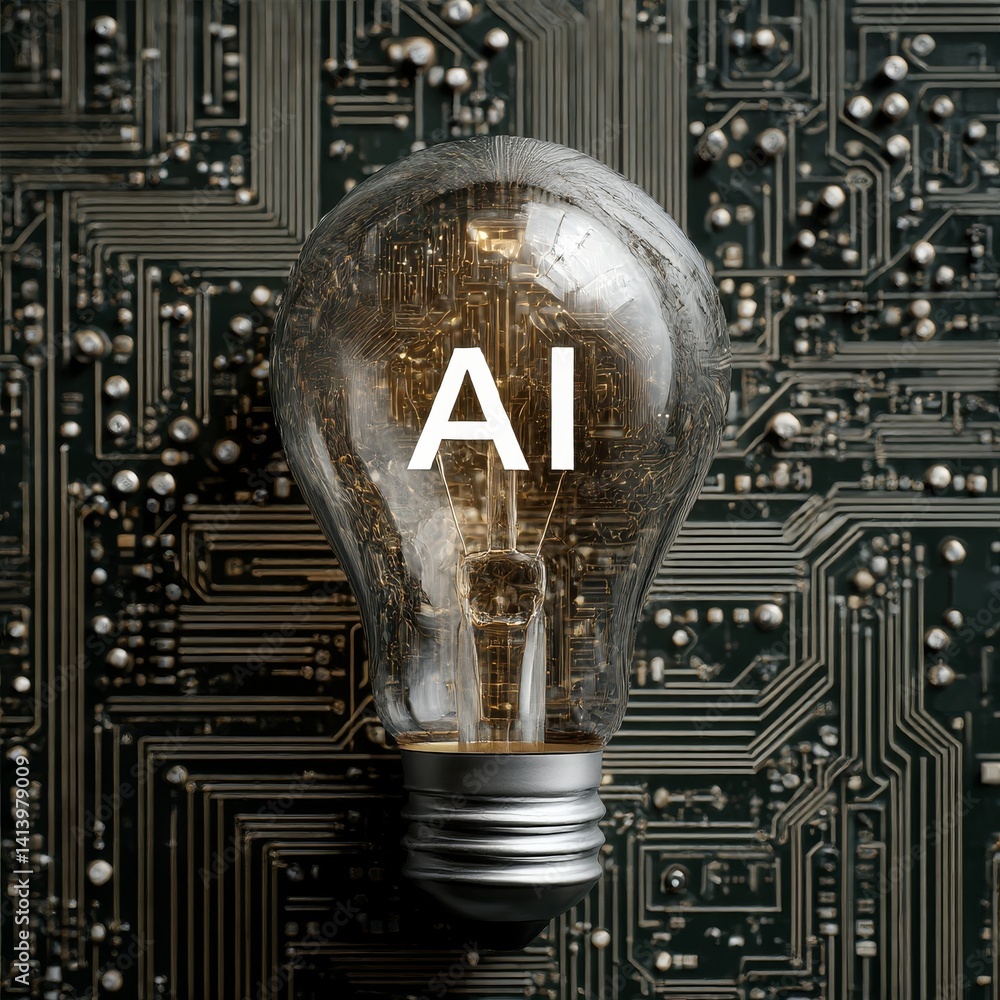 Poster ai abbreviation in light bulb against light background with electronic circuit board pattern. space 