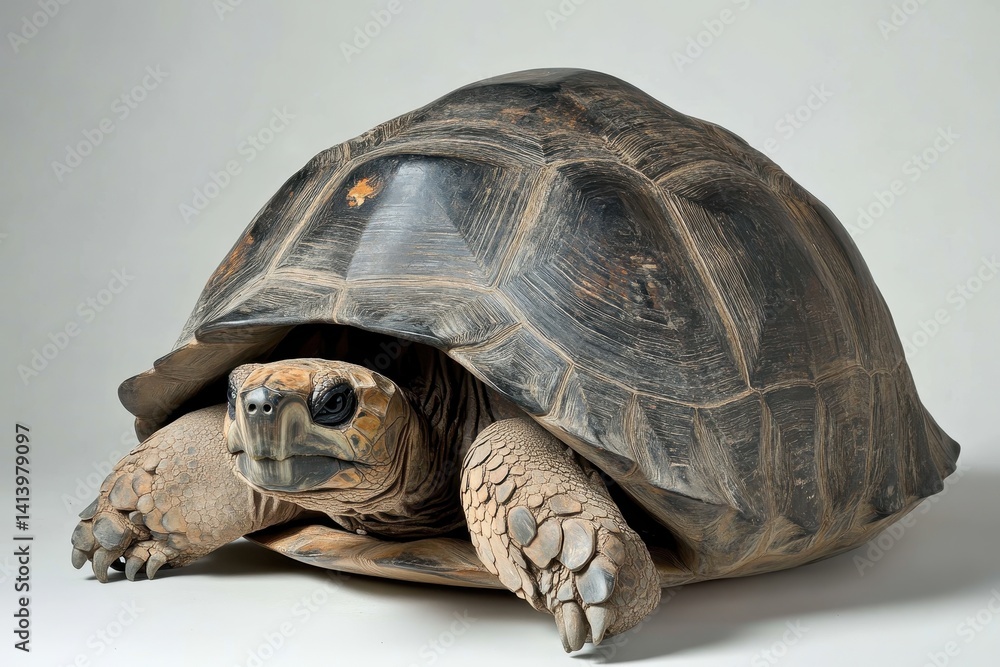 Poster tortoise peeking out from shell, displaying curious nature in natural habitat, tortoise showing head