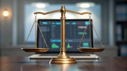 A golden scale of justice stands in front of a laptop displaying financial data, symbolizing balance in law and business.