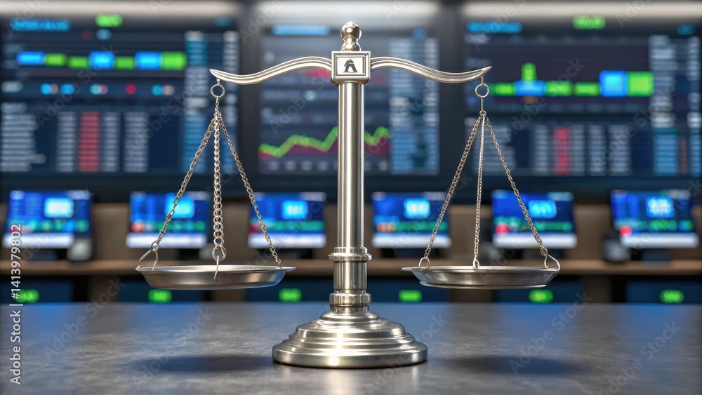 Poster a silver balance scale sits in front of multiple digital screens displaying stock market data.