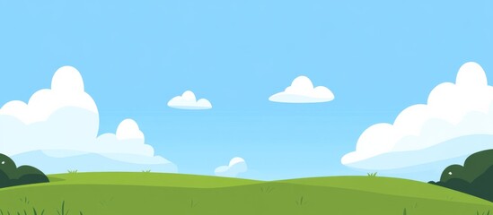 Fototapeta premium Green grass blue sky white clouds background vector design template with light blue theme, natural landscape concept