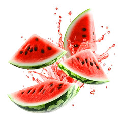 Slice watermelon and splash isolated on transparent background Remove png, Clipping Path, pen tool , ,

