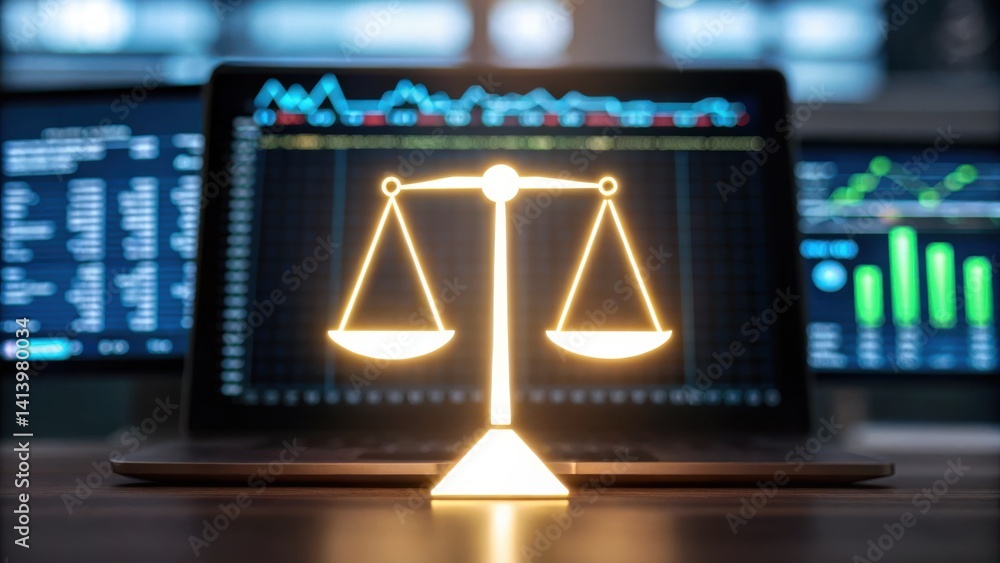 Poster a glowing balance scale is displayed on a laptop, symbolizing justice and legal themes against a bac