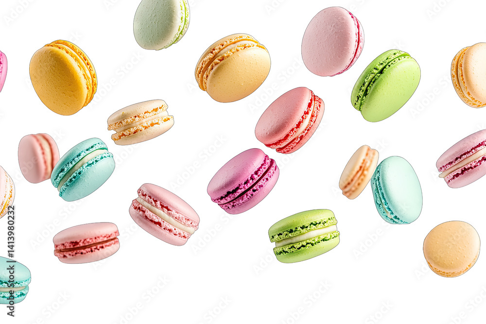 Poster a vibrant assortment of colorful macarons is shown floating against a white background highlighting 
