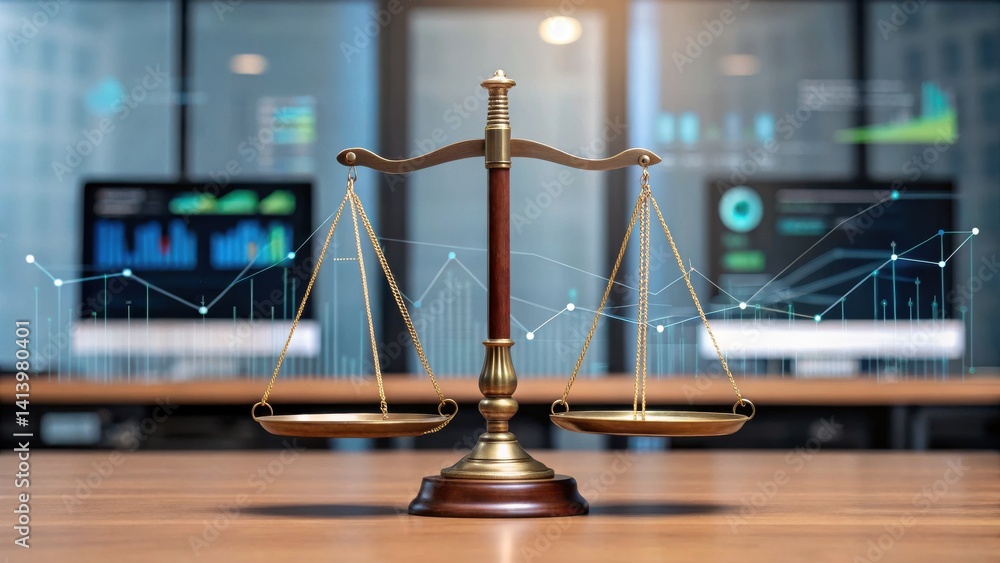 Poster a digital balance scale set against a backdrop of data visualizations, representing justice, law, an
