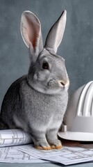 Gray Rabbit Sitting on Construction Plans with Safety Helmet Nearby