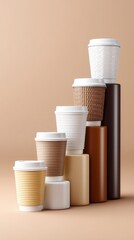 Stacked Coffee Cups in Various Designs and Colors on Neutral Background