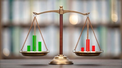 A balance scale displays green and red bars, symbolizing comparison or evaluation, set against a blurred background of books.