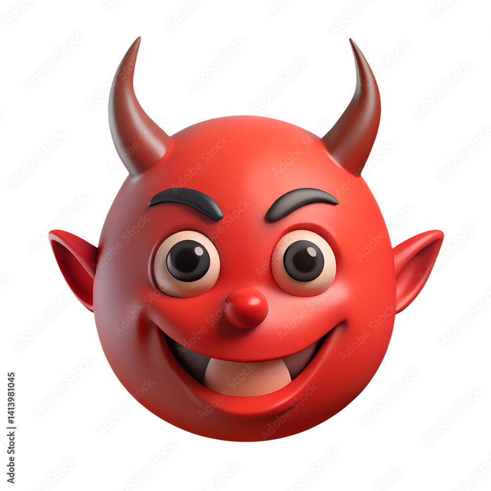 Aufkleber 3d render of red smiling devil face with horns on black background