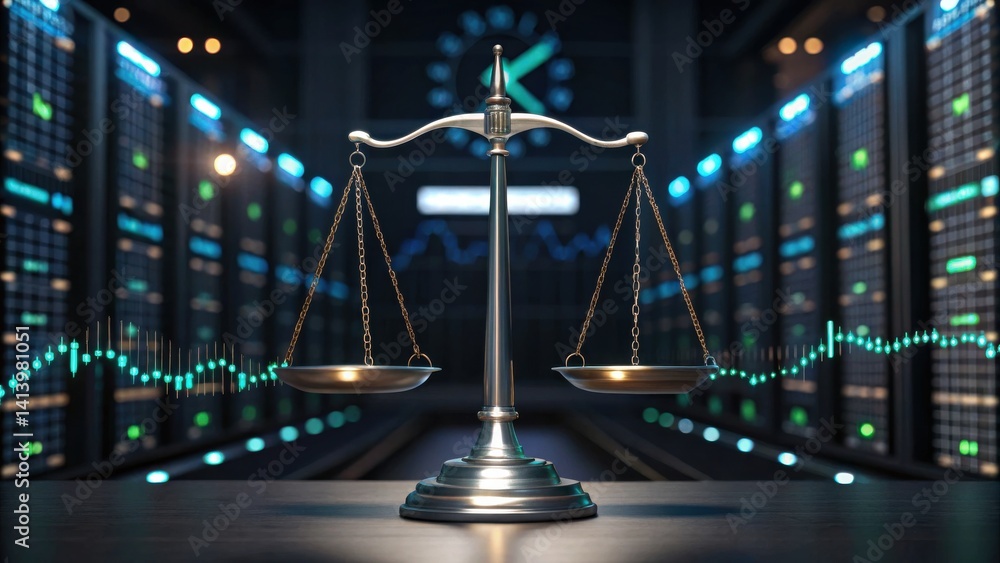 Poster a digital representation of a scale symbolizing justice, set against a backdrop of technology and da