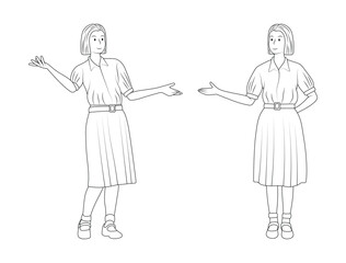 Outline Vector Illustration of Thai Students in High School Uniform Presenting with Open-Hand Gestures.