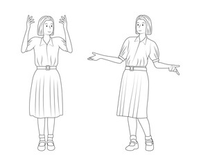 Outline Vector Illustration of Thai Students Using Body Language While Giving a Presentation in High School Uniform.