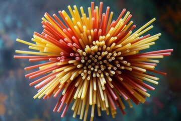 Elegant italian spaghetti styled as a flower bouquet, aerial view highlighting the delightful textures and vivid hues of this traditional cuisine