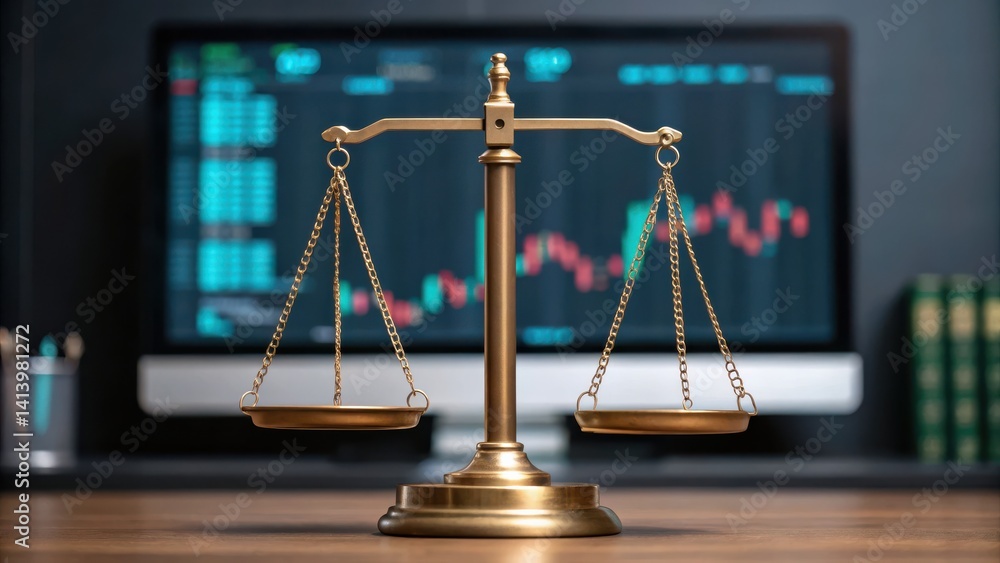 Poster a brass scale of justice stands in front of a computer screen displaying financial data, symbolizing