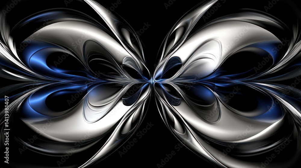 Poster abstract design with flowing metallic forms and dark background
