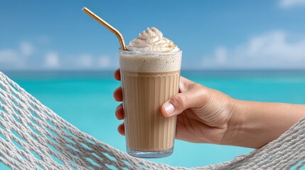 Refreshing Iced Coffee with Creamy Topping by the Beach Hammock