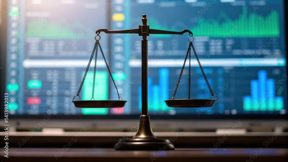 Poster a balanced scale is displayed in front of financial graphs, symbolizing justice and equity in a busi